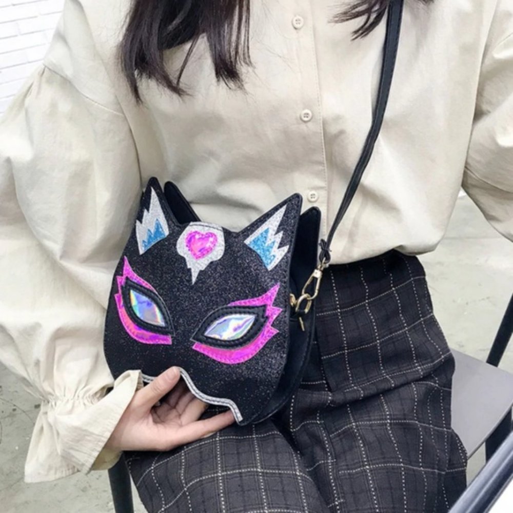Lucha Libre Cat Mask Glitter Crossbody Handbag - Picture 4 of 8